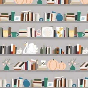  Book Shelves with Pumpkin, Swan and Objects