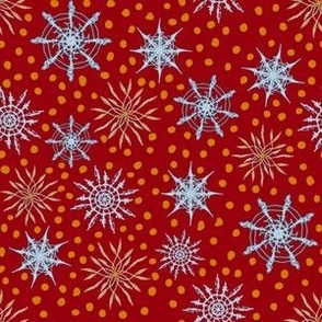Handdrawn winter snowflakes and spots on crimson red small
