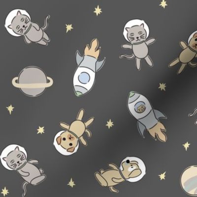 Space adventures - cats and dogs as astronauts, planets, rockets, stars on charcoal grey - medium