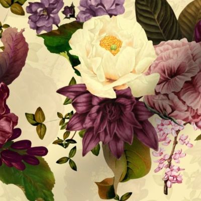 Immerse in Vintage Summer Romanticism: Maximalist Moody Florals Spotlighting Antiqued Peonies,  Mystic Rococo Burgundy and White Roses and Nostalgic Gothic Antique Botany Wallpaper, Enhanced with Victorian Charm - double layer - light yellow 