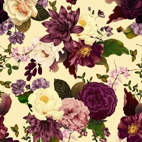 Immerse in Vintage Summer Romanticism: Maximalist Moody Florals Spotlighting Antiqued Peonies,  Mystic Rococo Burgundy and White Roses and Nostalgic Gothic Antique Botany Wallpaper, Enhanced with Victorian Charm - light yellow 