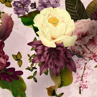 Immerse in Vintage Summer Romanticism: Maximalist Moody Florals Spotlighting Antiqued Peonies,  Mystic Rococo Burgundy and White Roses and Nostalgic Gothic Antique Botany Wallpaper, Enhanced with Victorian Charm pink double layer