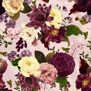 Immerse in Vintage Summer Romanticism: Maximalist Moody Florals Spotlighting Antiqued Peonies,  Mystic Rococo Burgundy and White Roses and Nostalgic Gothic Antique Botany Wallpaper, Enhanced with Victorian Charm pink double layer