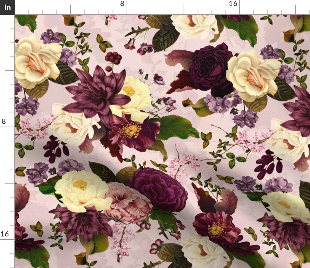 Immerse in Vintage Summer Romanticism: Maximalist Moody Florals Spotlighting Antiqued Peonies,  Mystic Rococo Burgundy and White Roses and Nostalgic Gothic Antique Botany Wallpaper, Enhanced with Victorian Charm pink double layer