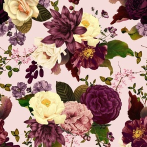 Immerse in Vintage Summer Romanticism: Maximalist Moody Florals Spotlighting Antiqued Peonies,  Mystic Rococo Burgundy and White Roses and Nostalgic Gothic Antique Botany Wallpaper, Enhanced with Victorian Charm pink 