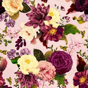 Immerse in Vintage Summer Romanticism: Maximalist Moody Florals Spotlighting Antiqued Peonies,  Mystic Rococo Burgundy and White Roses and Nostalgic Gothic Antique Botany Wallpaper, Enhanced with Victorian Charm - pink