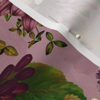 Immerse in Vintage Summer Romanticism: Maximalist Moody Florals Spotlighting Antiqued Peonies,  Mystic Rococo Burgundy and White Roses and Nostalgic Gothic Antique Botany Wallpaper, Enhanced with Victorian Charm purple double layer