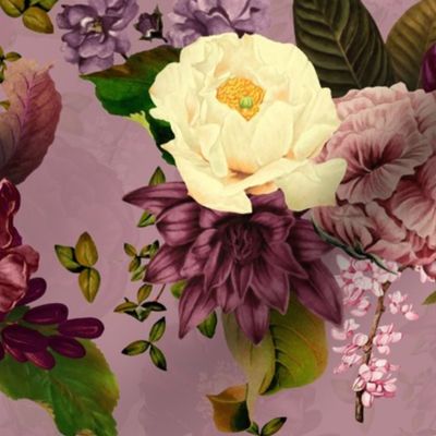 Immerse in Vintage Summer Romanticism: Maximalist Moody Florals Spotlighting Antiqued Peonies,  Mystic Rococo Burgundy and White Roses and Nostalgic Gothic Antique Botany Wallpaper, Enhanced with Victorian Charm purple double layer