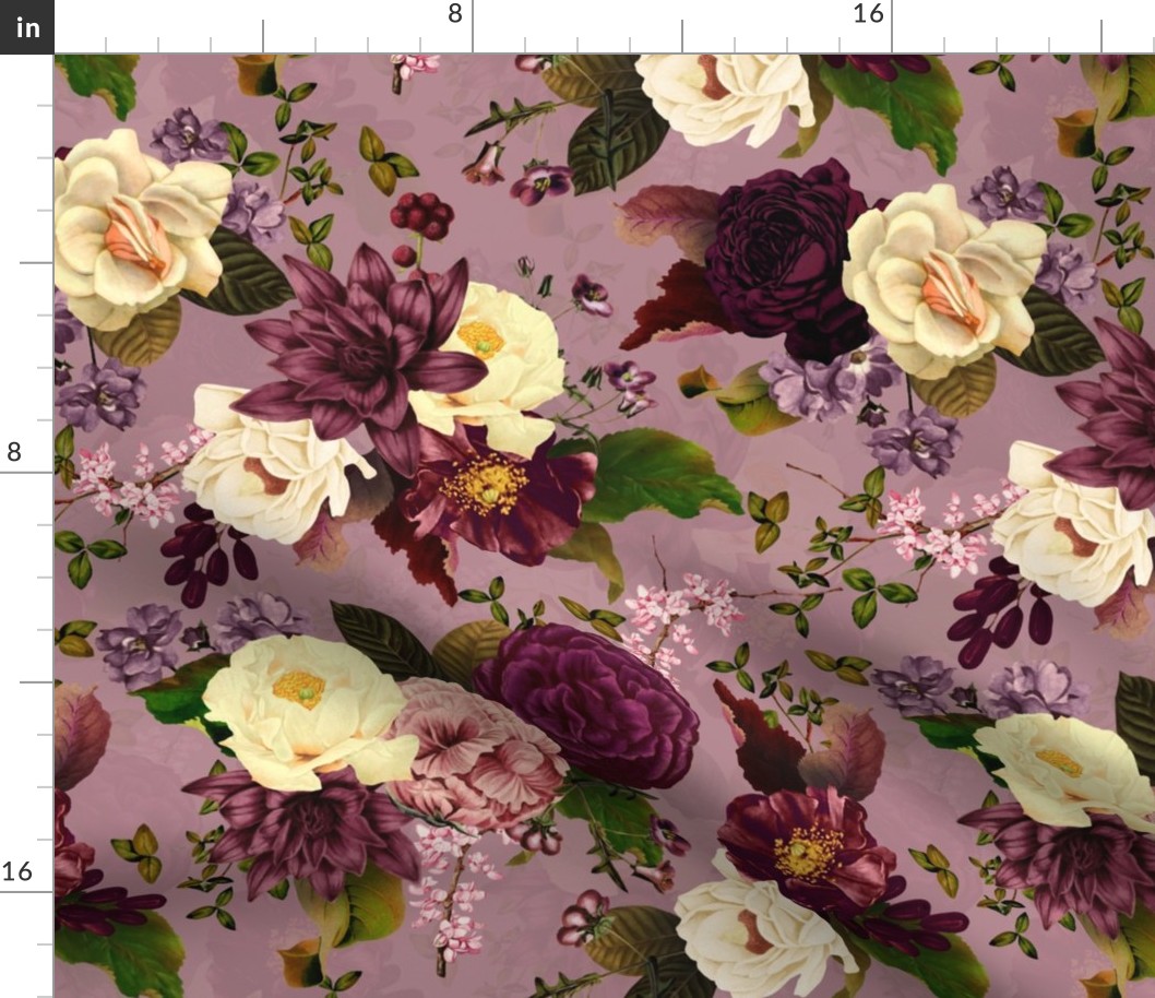 Immerse in Vintage Summer Romanticism: Maximalist Moody Florals Spotlighting Antiqued Peonies,  Mystic Rococo Burgundy and White Roses and Nostalgic Gothic Antique Botany Wallpaper, Enhanced with Victorian Charm purple double layer