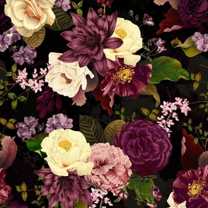 Immerse in Vintage Summer Romanticism: Maximalist Moody Florals Spotlighting Antiqued Peonies,  Mystic Rococo Burgundy and White Roses and Nostalgic Gothic Antique Botany Wallpaper, Enhanced with Victorian Charm -  black double layer