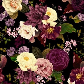 Immerse in Vintage Summer Romanticism: Maximalist Moody Florals Spotlighting Antiqued Peonies,  Mystic Rococo Burgundy and White Roses and Nostalgic Gothic Antique Botany Wallpaper, Enhanced with Victorian Charm black