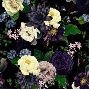 Immerse in Vintage Summer Romanticism: Maximalist Moody Florals Spotlighting Antiqued Peonies,  Mystic Rococo Burgundy and White Roses and Nostalgic Gothic Antique Botany Wallpaper, Enhanced with Victorian Charm black moonlight