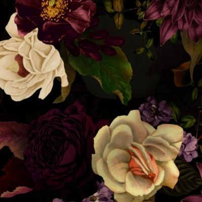 Immerse in Vintage Summer Romanticism: Maximalist Moody Florals Spotlighting Antiqued Peonies,  Mystic Rococo Burgundy and White Roses and Nostalgic Gothic Antique Botany Wallpaper, Enhanced with Victorian Charm black double layer