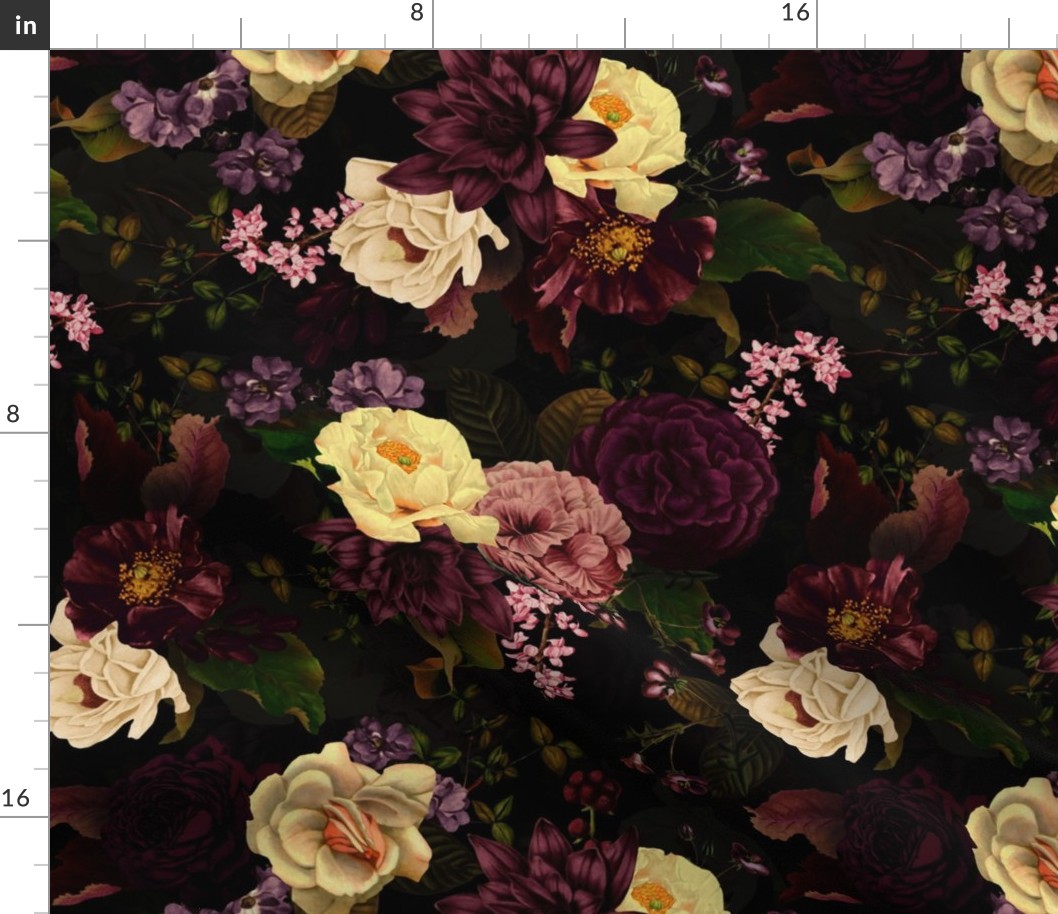 Immerse in Vintage Summer Romanticism: Maximalist Moody Florals Spotlighting Antiqued Peonies,  Mystic Rococo Burgundy and White Roses and Nostalgic Gothic Antique Botany Wallpaper, Enhanced with Victorian Charm black double layer