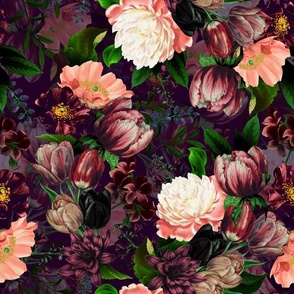 Vintage Spring Night Romanticism: Maximalism Purple Bold Moody Florals - Antiqued burgundy Roses and Peonies Nostalgic Gothic  20-3 Antique Botany Wallpaper and Victorian Goth Mystic inspired purple