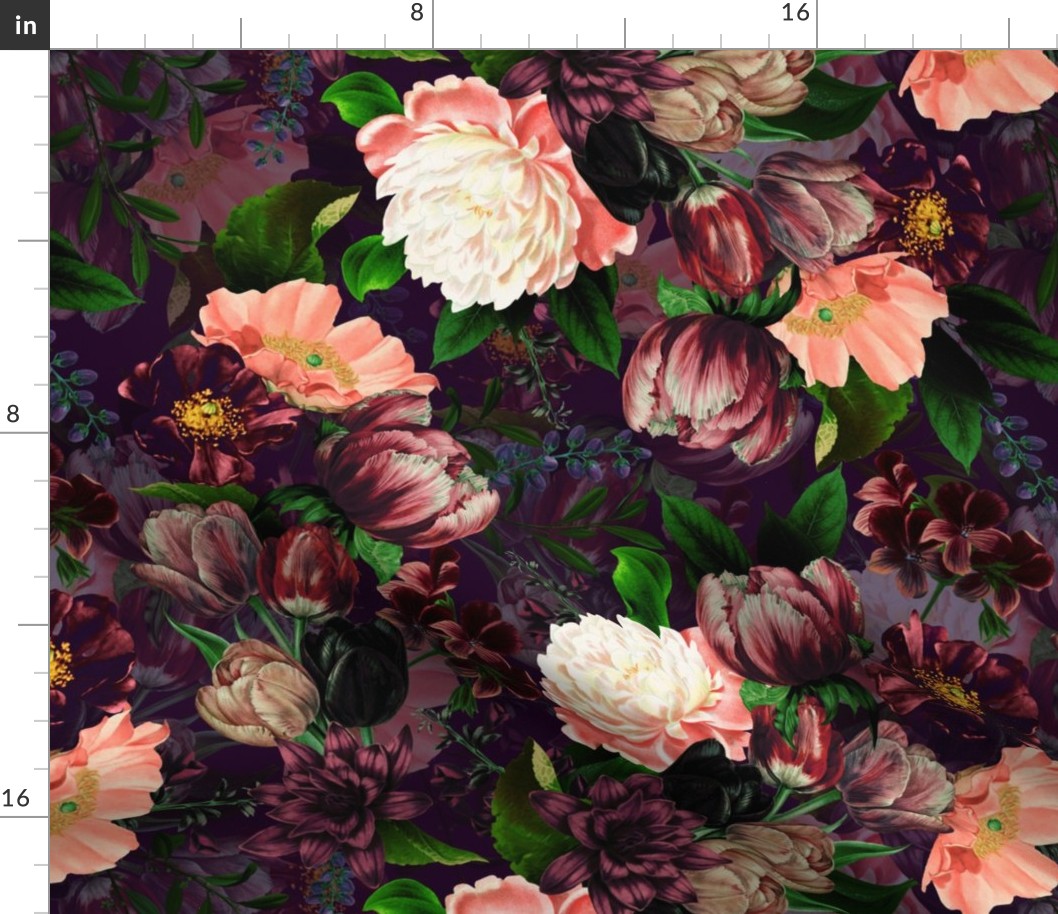 Vintage Spring Night Romanticism: Maximalism Purple Bold Moody Florals - Antiqued burgundy Roses and Peonies Nostalgic Gothic  20-3 Antique Botany Wallpaper and Victorian Goth Mystic inspired purple