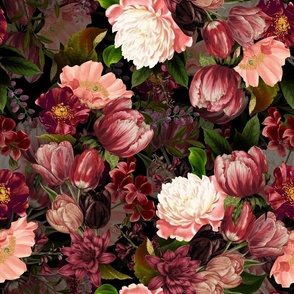 Vintage Spring Night Romanticism: Maximalism Purple Bold Moody Florals - Antiqued burgundy Roses and Peonies Nostalgic Gothic  20-2 Antique Botany Wallpaper and Victorian Goth Mystic inspired