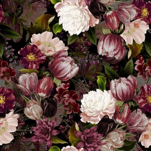 Vintage Spring Night Romanticism: Maximalism Purple Bold Moody Florals - Antiqued burgundy Roses and Peonies Nostalgic Gothic  20-3 Antique Botany Wallpaper and Victorian Goth Mystic inspired purple 