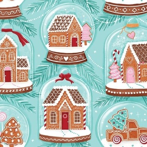 gingerbread houses in snow globes turquoise large scale Christmas, xmas fabric WB22