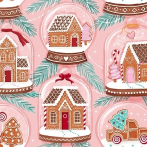 gingerbread houses in snow globes blush pink large scale Christmas, xmas fabric WB22