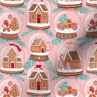 gingerbread houses in snow globes blush pink small scale Christmas, xmas fabric WB22