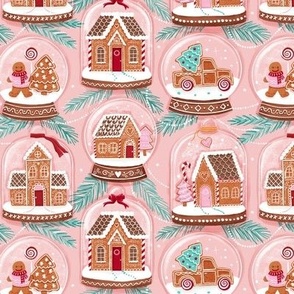 gingerbread houses in snow globes blush pink small scale Christmas, xmas fabric WB22