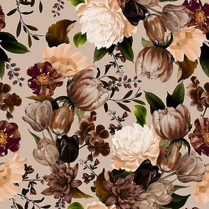 Vintage Spring Night Romanticism: Maximalism Purple Bold Moody Florals - Antiqued burgundy Roses and Peonies Nostalgic Gothic  20-3 Antique Botany Wallpaper and Victorian Goth Mystic inspired sepia beige