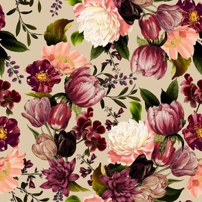 Vintage Spring Night Romanticism: Maximalism Purple Bold Moody Florals - Antiqued burgundy Roses and Peonies Nostalgic Gothic  20-3 Antique Botany Wallpaper and Victorian Goth Mystic inspired beige