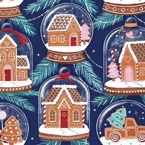 gingerbread houses in snow globes navy large scale Christmas, xmas fabric WB22