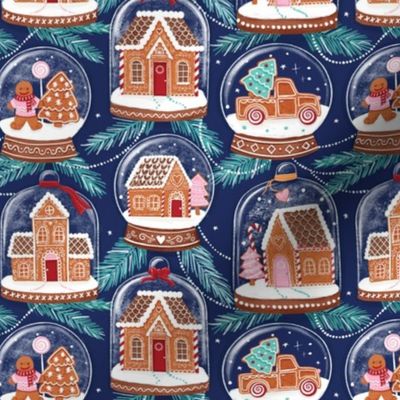 gingerbread houses in snow globes navy small scale Christmas, xmas fabric WB22
