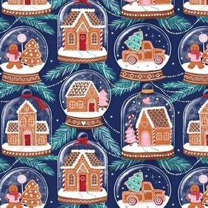 gingerbread houses in snow globes navy small scale Christmas, xmas fabric WB22