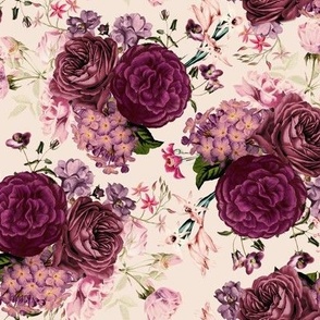 Vintage 30´s Peonies, Nostalgic Purple English Roses,Hydrangea, Garden Flowers And Branches Bouquets - blush