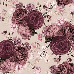 Vintage 30´s Peonies, Nostalgic Purple English Roses,Hydrangea, Garden Flowers And Branches Bouquets - tanned sepia brown 