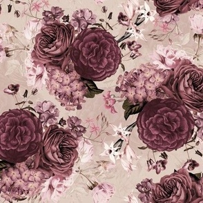Vintage 30´s Peonies,Nostalgic Purple English Roses,Hydrangea, Garden Flowers And Branches Bouquets - tanned sepia brown double layer