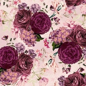 Vintage 30´s Peonies, Nostalgic Purple English Roses, Hydrangea, Garden Flowers And Branches Bouquets - pink double layer