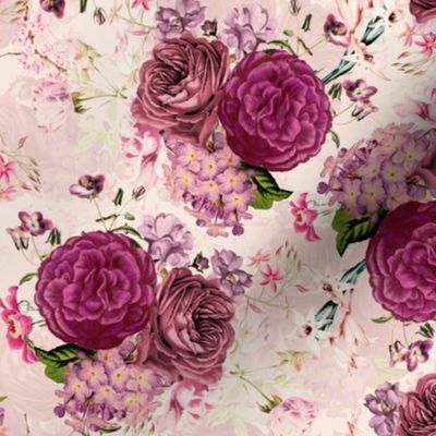 Vintage 30´s Peonies, Purple Roses,Hydrangea, Garden Flowers And Branches Bouquets - blush double layer