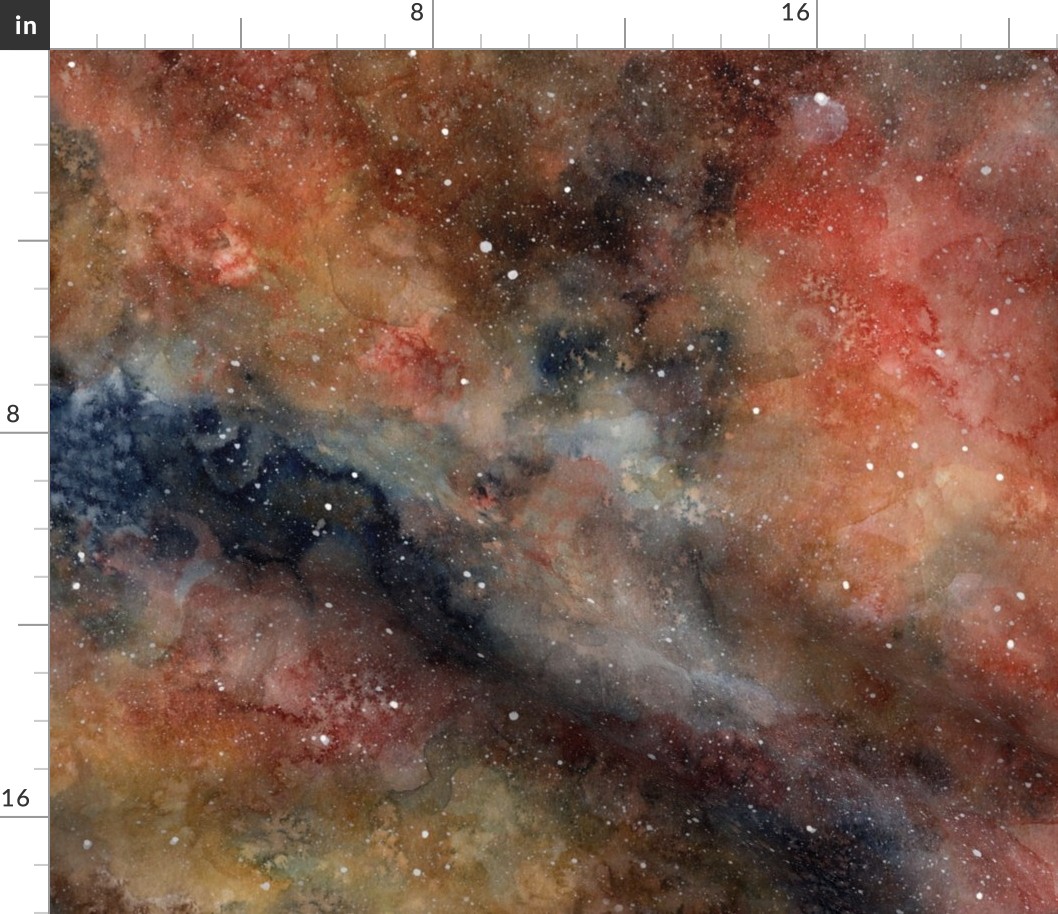 Around the Space Watercolor Galaxy - Coral Red, Ocher, Indigo