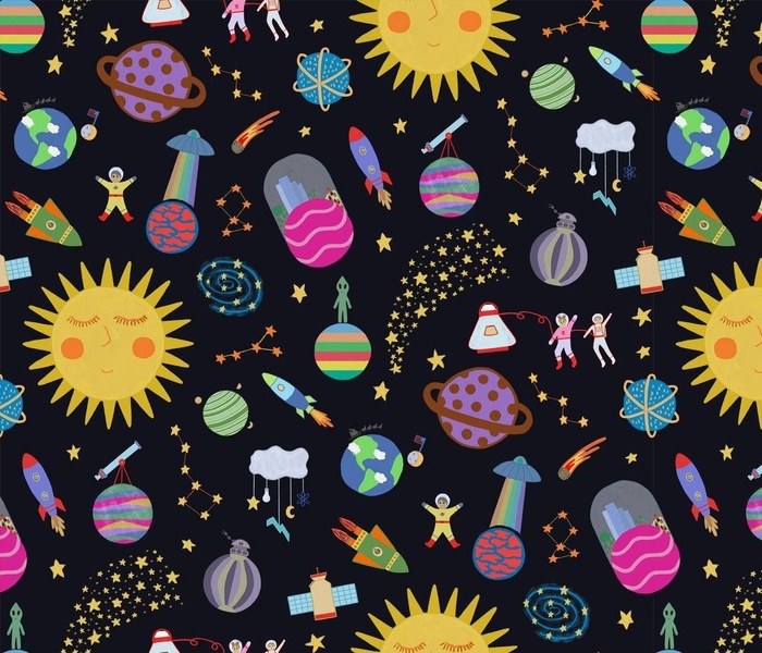 Space and Galaxy Novelty Kids Print with Sun, Moons, Spaceships, Aliens, Stars, Astronauts, and Rockets - Large Scale