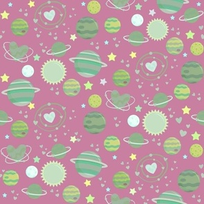 Green love planets on pink 