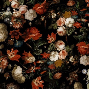 Vintage Dark Night Romanticism:Flemish Maximalism Moody Florals- Antiqued Abraham Mignon Roses Tulips Peonies Bouquets Nostalgic - Gothic Mystic Night-  Antique Botany Wallpaper and Victorian Goth Mystic inspired 5