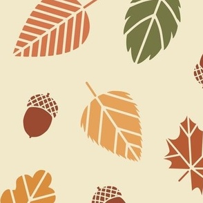 Green, orange, yellow, red and brown autumn leaves and acorns on cream background (large)