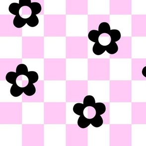 flower power checks lg black on pastel pink - retro groovy collection