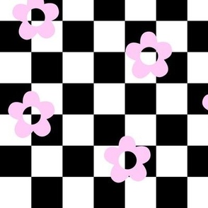 flower power checks lg pastel pink on black - retro groovy collection
