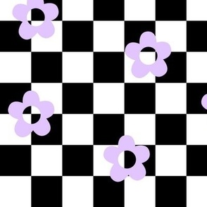 flower power checks lg pastel purple on black - retro groovy collection
