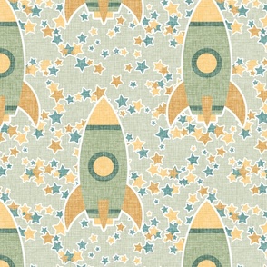 Spaceship Stars Linen Texture Soft Neutral Palette Gender Neutral Nursery Wallpaper-Light Sage Green 