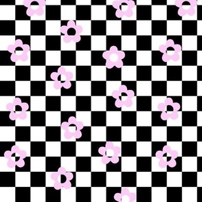 flower power checks med pastel pink on black - retro groovy collection