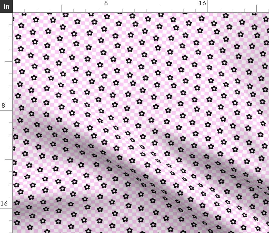 flower power checks sm black on pastel pink - retro groovy collection