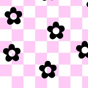 flower power checks xl black on pastel pink - retro groovy collection