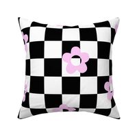 flower power checks xl pastel pink on black - retro groovy collection