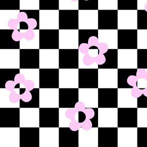 flower power checks xl pastel pink on black - retro groovy collection